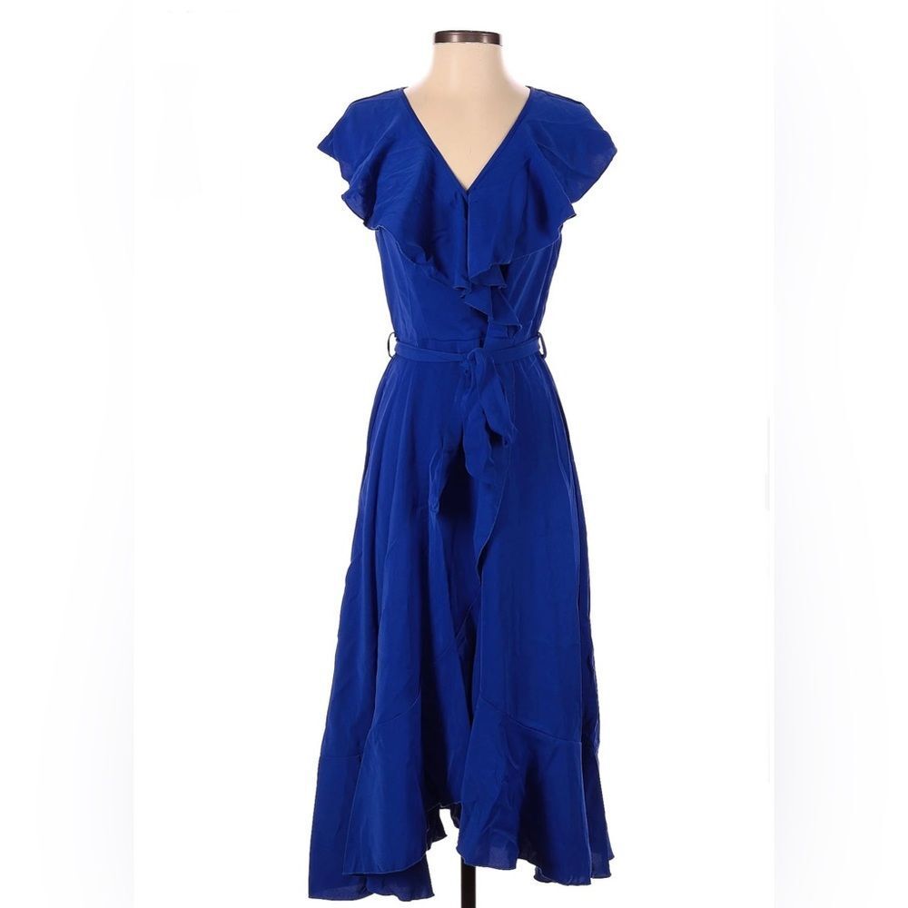 DKNY Women's Blue Ruffle Belted V-Neck Mesh Short-Sleeve Midi Dress - size 12